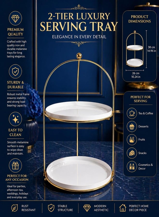 De Casa Decor حامل كيك دائري من طبقتين، إطار معدني ذهبي مع صواني بيضاء، منظم عرض مزخرف - Image 4