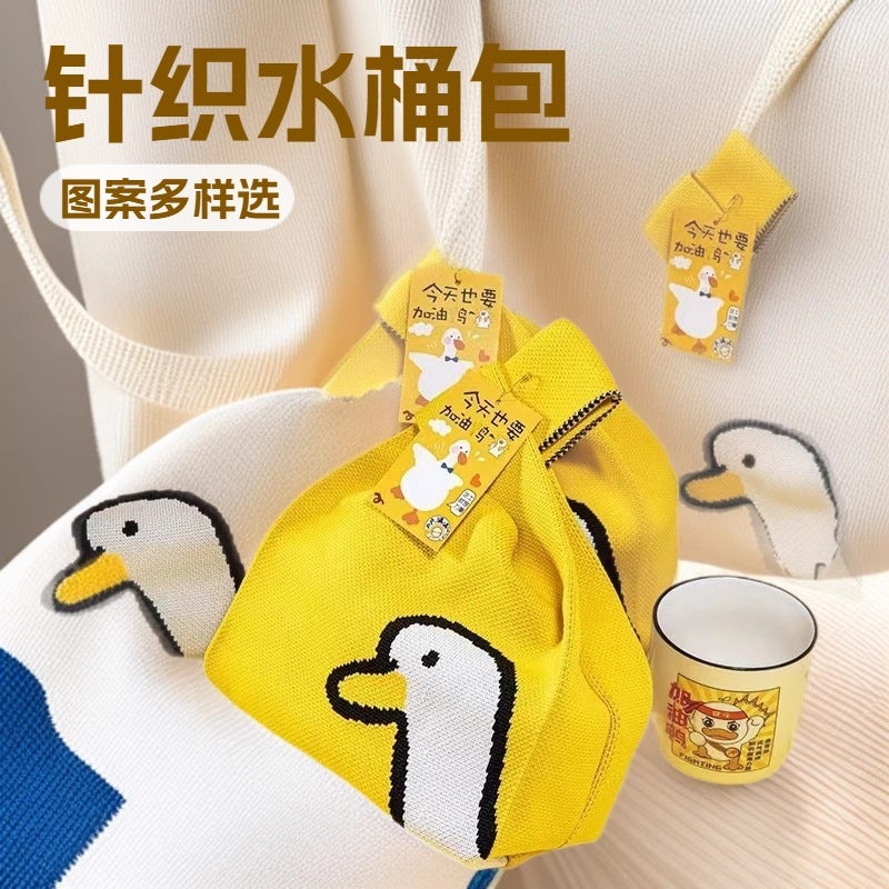 New Style Fly-Knit Handbag For Women, Knitted Yarn Bucket Bag, Versatile Korean And Japanese Style Casual Tote Bag, Lunch Bag - Image 2