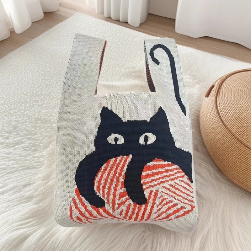 New Style Fly-Knit Handbag For Women, Knitted Yarn Bucket Bag, Versatile Korean And Japanese Style Casual Tote Bag, Lunch Bag - Image 4