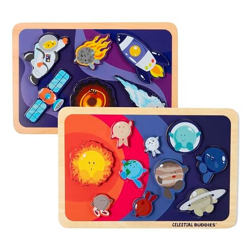 Celestial Buddies Chunky Wooden Toddler Puzzles 12x8 Inch Educational Space Puzzle for Early Science Astronomy Exploration STEM Learning 2Pack - Image 1