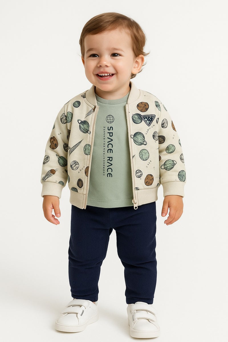 Dirkje Infant Boys Space Race 3-Piece Fleece Set – Cream & Navy - Image 1
