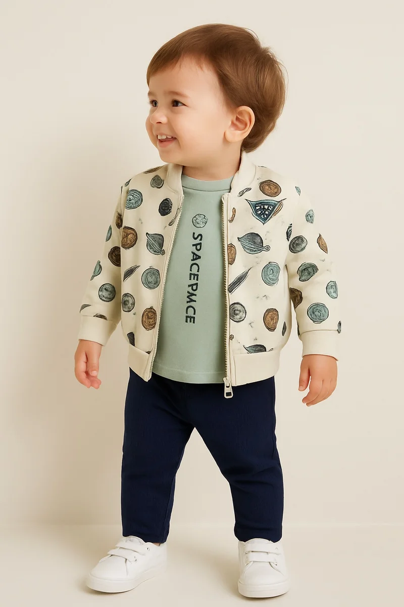 Dirkje Infant Boys Space Race 3-Piece Fleece Set – Cream & Navy