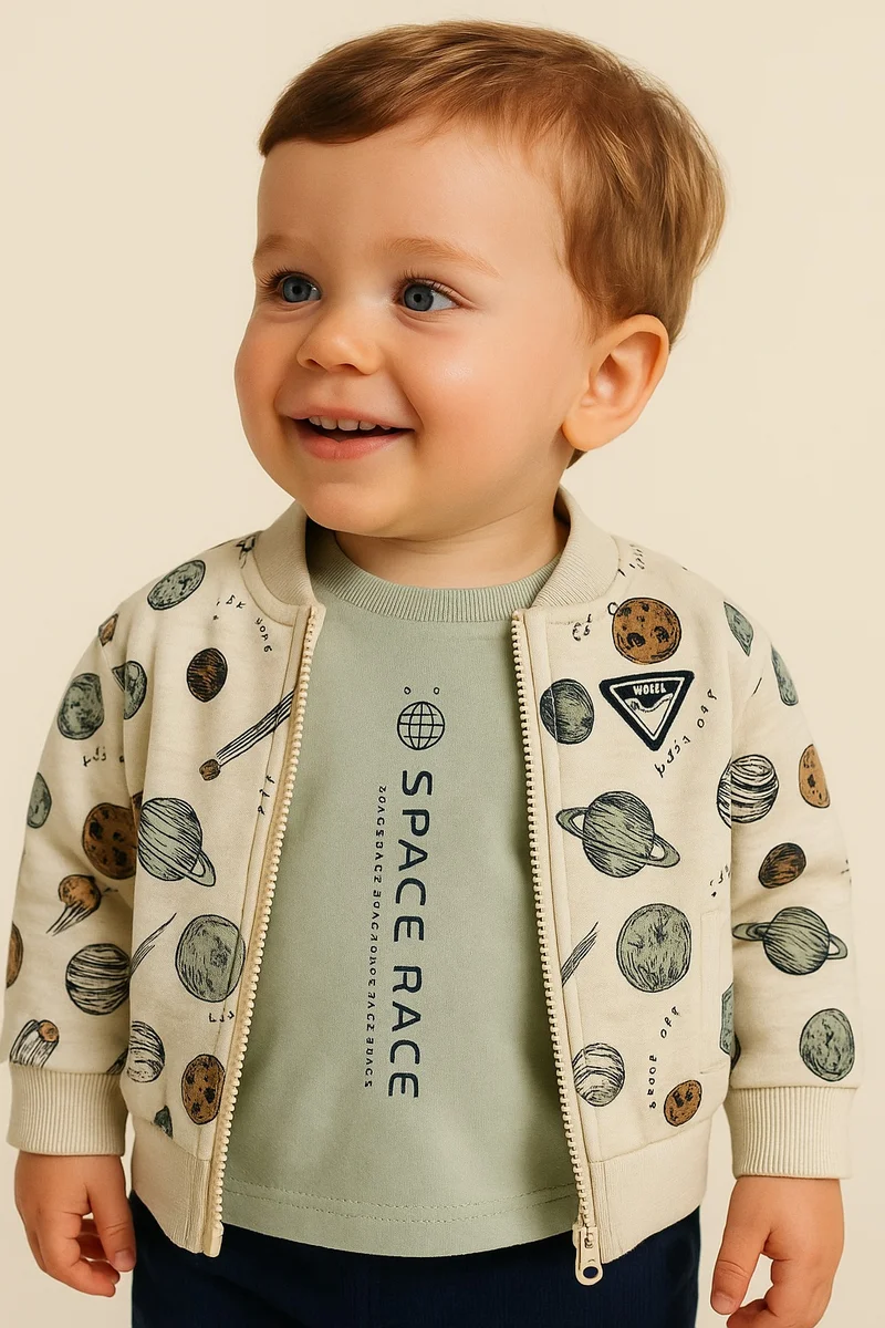 Dirkje Infant Boys Space Race 3-Piece Fleece Set – Cream & Navy