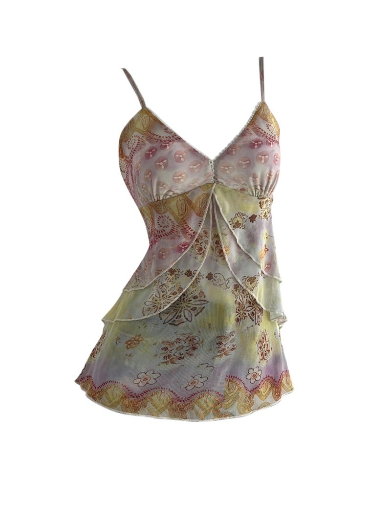 Verdusa Women's Y2k Mesh Tank Top Babydoll Floral Camisole 2000s Clothing Ruffle Going Out Tops Whimsical Clothes Multicolor Medium - Image 1