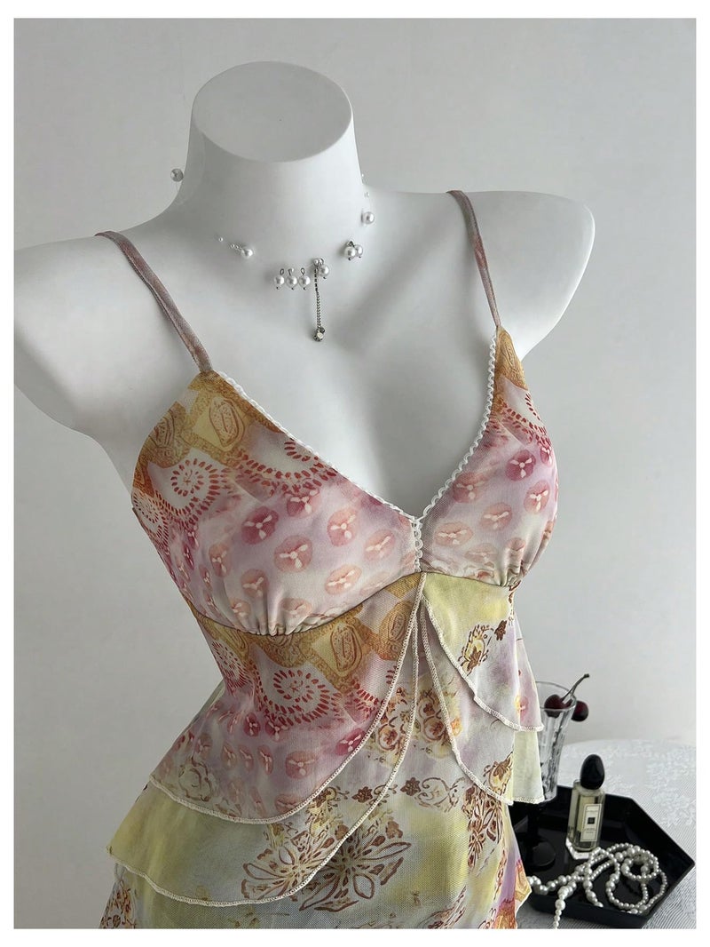 Verdusa Women's Y2k Mesh Tank Top Babydoll Floral Camisole 2000s Clothing Ruffle Going Out Tops Whimsical Clothes Multicolor Medium - Image 5
