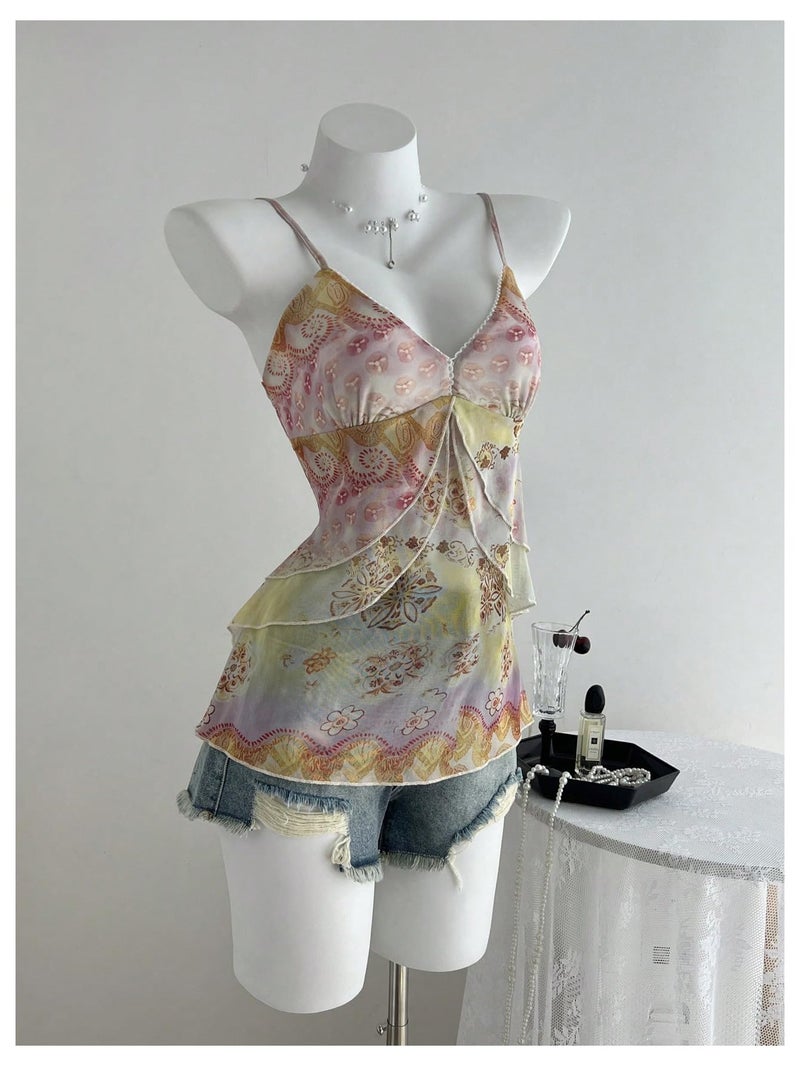 Verdusa Women's Y2k Mesh Tank Top Babydoll Floral Camisole 2000s Clothing Ruffle Going Out Tops Whimsical Clothes Multicolor Medium - Image 3