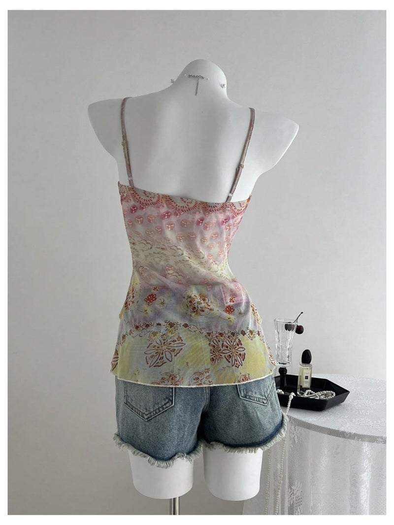 Verdusa Women's Y2k Mesh Tank Top Babydoll Floral Camisole 2000s Clothing Ruffle Going Out Tops Whimsical Clothes Multicolor Medium - Image 2