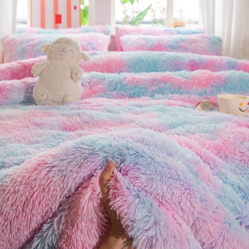Roscloud Faux Fur Kids Girls Purple Rainbow Comforter Sets Twin/Full - 3PC Bed Set Warm Comfortable Soft Plush Flannel Velvet Fluffy Fuzzy Beddingï¼ˆComforter x 1 Pillowcases x 2ï¼‰ - Image 5