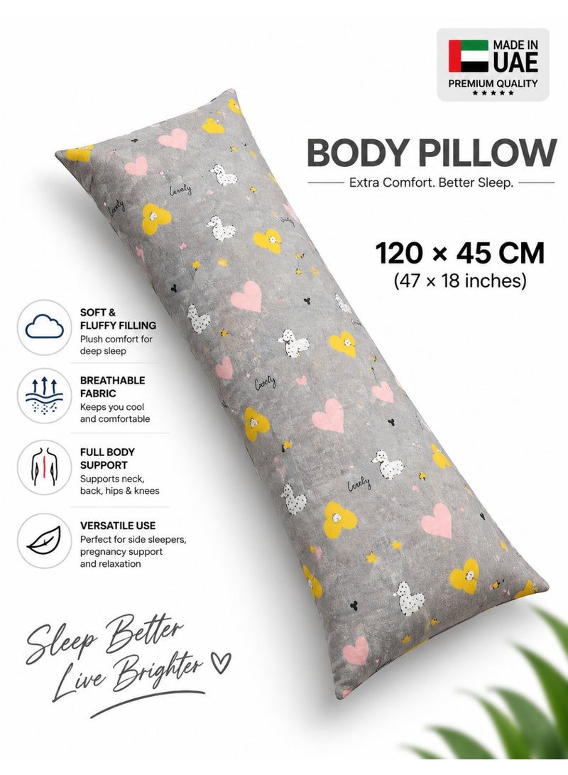 Eworld Body Pillow 120 x 45 cm, Doodle Heart Print, Soft Fluffy Filling with Breathable Fabric, Full Body Support Long Pillow for Side Sleepers, Pregnancy and Relaxation, Made in UAE