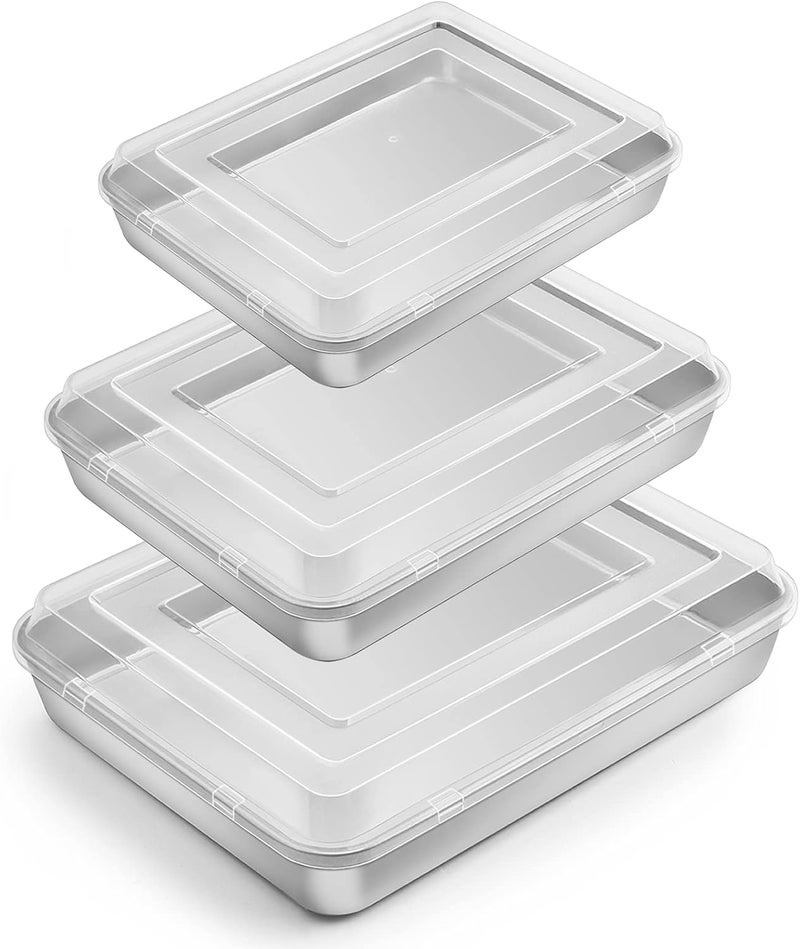 E-far Baking Pan with Lid(12.4/10.4/9.4 inch), Stainless Steel Rectangular Sheet Cake Pans with Cover, Metal Bakeware Sets for Lasagna Casseroles Brownie, Non-toxic & Dishwasher Safe - 3 Pans + 3 Lids - Image 1