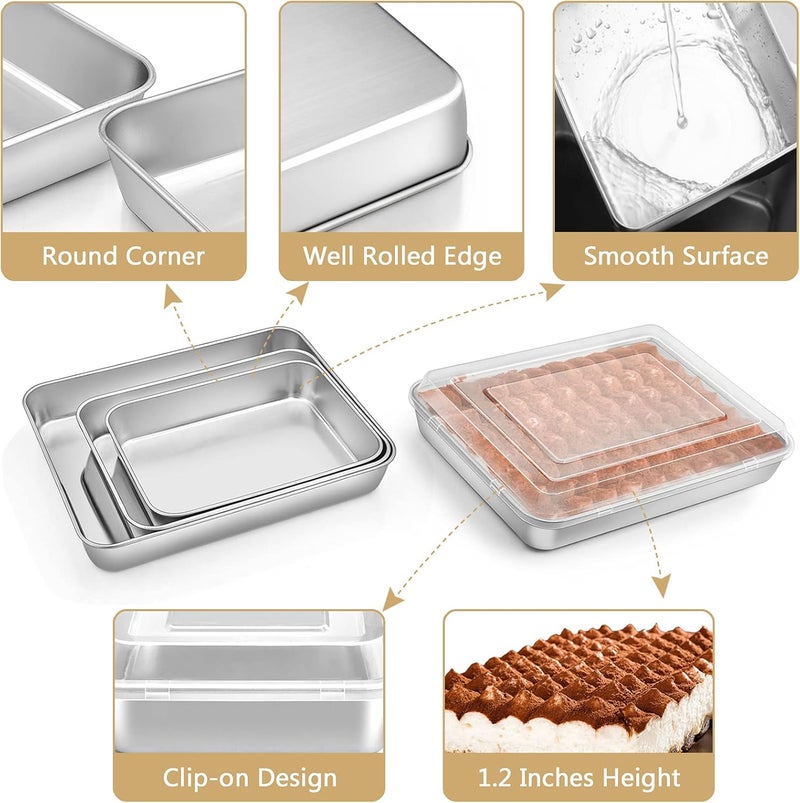 E-far Baking Pan with Lid(12.4/10.4/9.4 inch), Stainless Steel Rectangular Sheet Cake Pans with Cover, Metal Bakeware Sets for Lasagna Casseroles Brownie, Non-toxic & Dishwasher Safe - 3 Pans + 3 Lids - Image 3