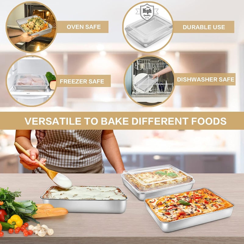 E-far Baking Pan with Lid(12.4/10.4/9.4 inch), Stainless Steel Rectangular Sheet Cake Pans with Cover, Metal Bakeware Sets for Lasagna Casseroles Brownie, Non-toxic & Dishwasher Safe - 3 Pans + 3 Lids - Image 4