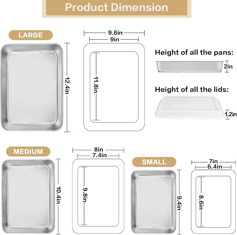 E-far Baking Pan with Lid(12.4/10.4/9.4 inch), Stainless Steel Rectangular Sheet Cake Pans with Cover, Metal Bakeware Sets for Lasagna Casseroles Brownie, Non-toxic & Dishwasher Safe - 3 Pans + 3 Lids - Image 2
