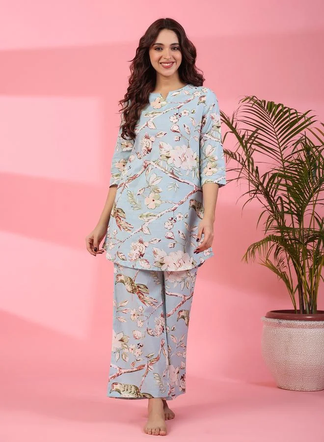 sanskrutihomes sanskrutihomes Women Floral Printed Notch Neck Pure Cotton Top and Pyjama Set