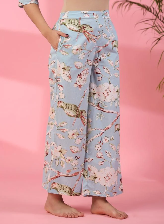 sanskrutihomes sanskrutihomes Women Floral Printed Notch Neck Pure Cotton Top and Pyjama Set