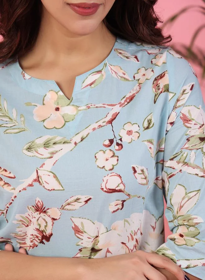 sanskrutihomes sanskrutihomes Women Floral Printed Notch Neck Pure Cotton Top and Pyjama Set