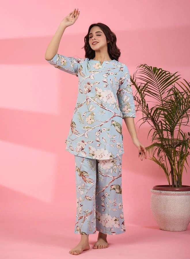 sanskrutihomes sanskrutihomes Women Floral Printed Notch Neck Pure Cotton Top and Pyjama Set