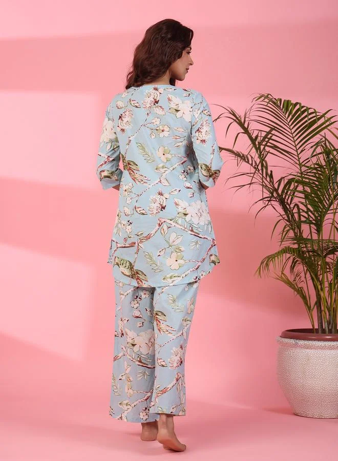 sanskrutihomes sanskrutihomes Women Floral Printed Notch Neck Pure Cotton Top and Pyjama Set