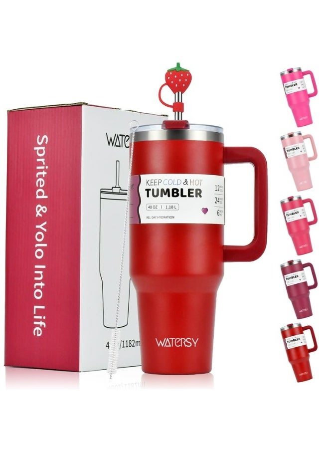 WATERSY 40oz Tumbler Straw Lid Handle, Stainless Steel Double Wall Vacuum Insulated Coffee Water Bottle Thermal, 1182ml Red - Image 1