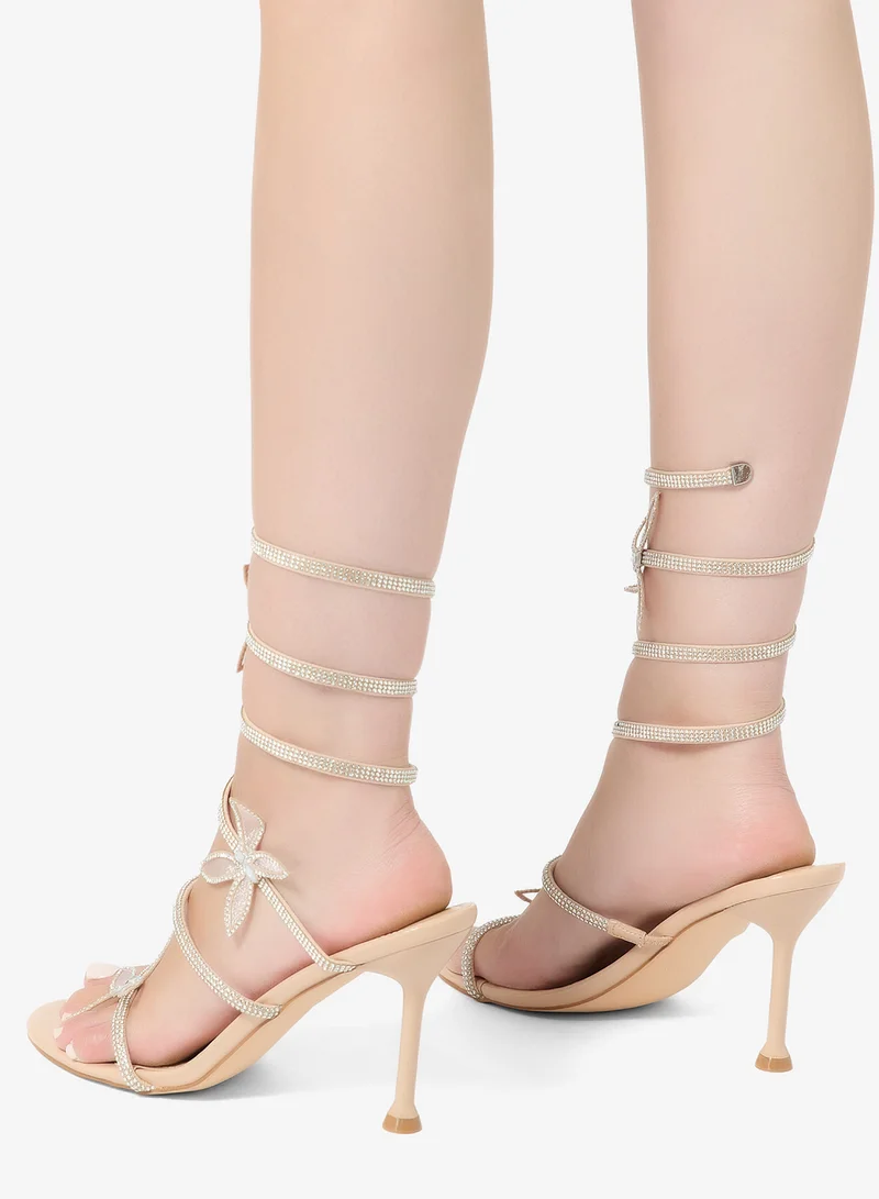 Truffle Nude pu Rhinestone Embellished Detailed Butterfly Statement High Heeled Sandals for Women | Best Price UAE