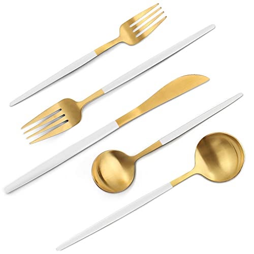 VANVRO Matte White Gold Silverware Set 20Piece Stainless Steel Flatware Set Satin Finish tableware Cutlery Set Service for 4 Home and Restaurant Dishwasher Safe