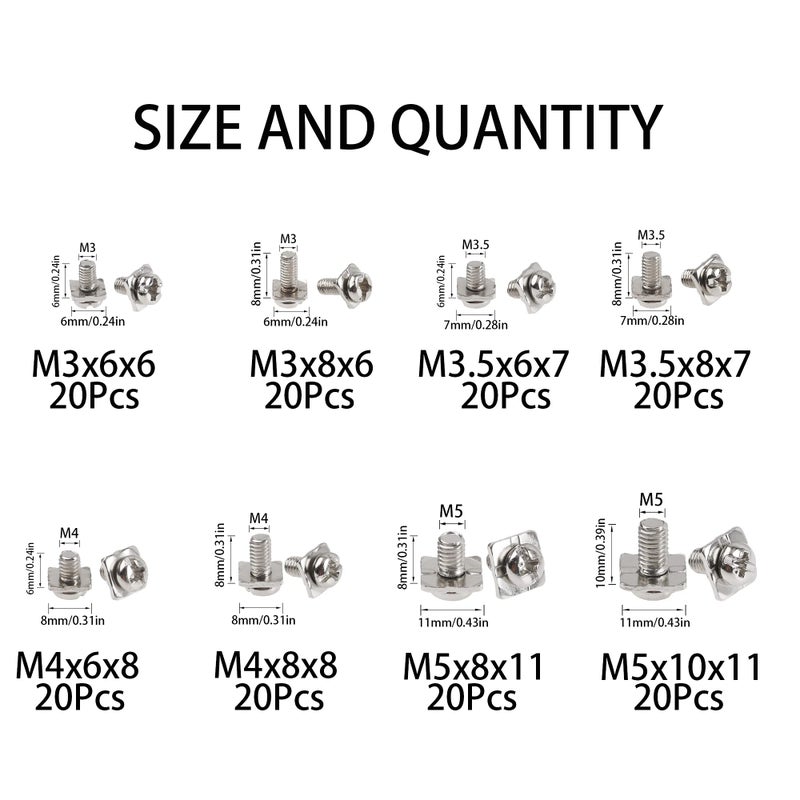 Rrina 160Pcs M3 M3.5 M4 M5 Terminal Block Screws Assortment Kit with Square Washers, Nickel Plated Carbon Steel, Silver - Image 2