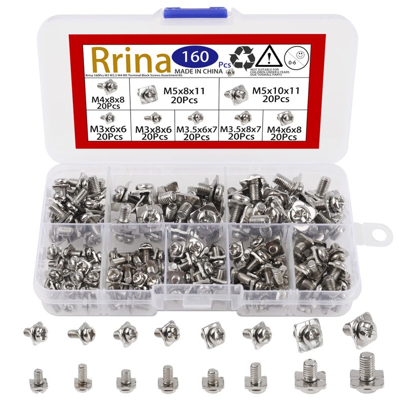 Rrina 160Pcs M3 M3.5 M4 M5 Terminal Block Screws Assortment Kit with Square Washers, Nickel Plated Carbon Steel, Silver - Image 1