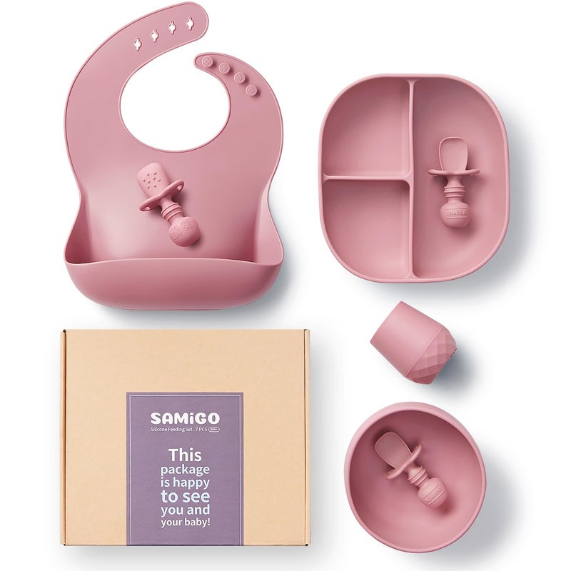 SAMiGO Silicone Baby Feeding Set, Baby Led Weaning Supplies, Suction Bowl Plate Bib Cup Self Feeding Spoons, Solid Food Eating Essentials, First Stage Utensils, 6+ Months - Image 1