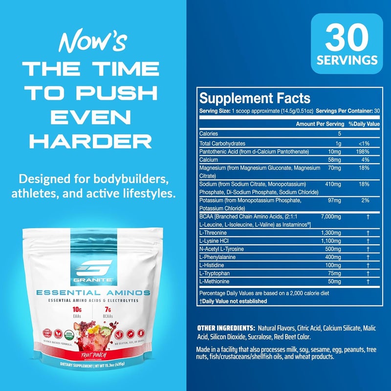 Granite Supplements Granite Essential Amino Acids Powder for Muscle Recovery and Growth with 10g EAAs and 7g BCAAs  SoyFree GlutenFree 448g 30 Servings Fruit Punch Flavor - Image 3