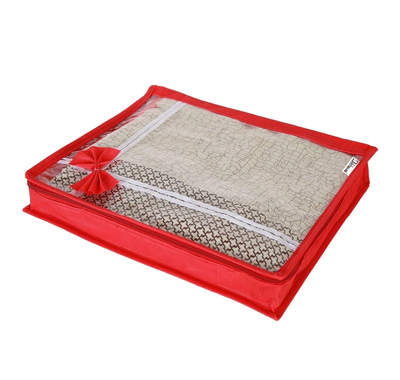 DIKHAWA 24 Piece Transparent View Non Woven Flower Design Attractive bow Saree Cover Storage Bags, Cloth Cover, 80gsm fabric (17X13X3 IN_RED) - Image 2
