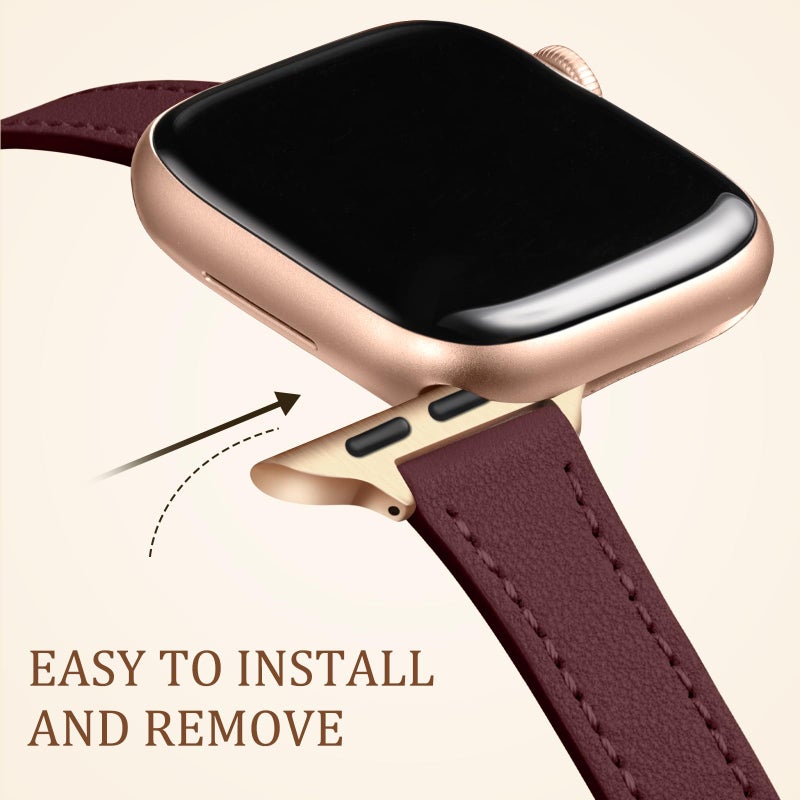 Charlam Slim Leather Band Compatible with Apple Watch Band 40mm 38mm 41mm 42mm 44mm 45mm 46mm Women, Top Grain Genuine Leather Strap Thin Wristband for iWatch Series 11 10 9 8 7 6 5 4 3 2 1 SE,Wine - Image 4