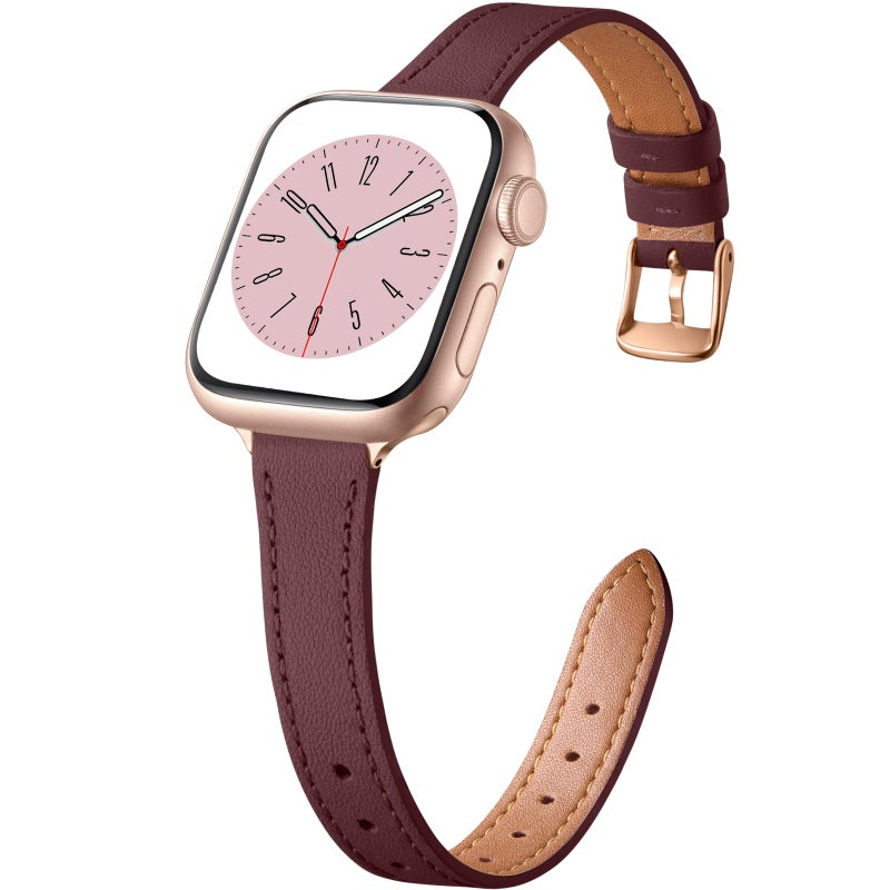 Charlam Slim Leather Band Compatible with Apple Watch Band 40mm 38mm 41mm 42mm 44mm 45mm 46mm Women, Top Grain Genuine Leather Strap Thin Wristband for iWatch Series 11 10 9 8 7 6 5 4 3 2 1 SE,Wine - Image 1
