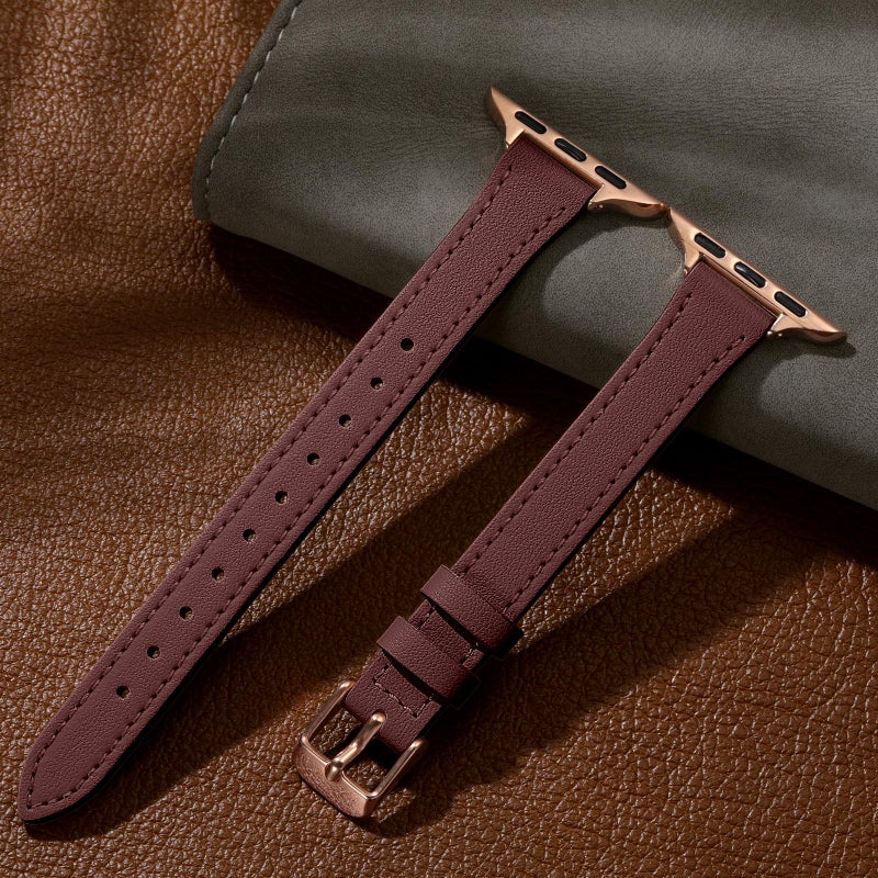 Charlam Slim Leather Band Compatible with Apple Watch Band 40mm 38mm 41mm 42mm 44mm 45mm 46mm Women, Top Grain Genuine Leather Strap Thin Wristband for iWatch Series 11 10 9 8 7 6 5 4 3 2 1 SE,Wine - Image 5
