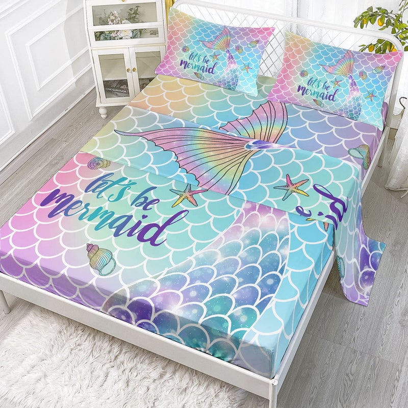 Datura home Datura home 4Pcs Kids Fitted Sheet and Flat Set Rainbow Scales Mermaid Printed Pattern Bedding with 1  2 Pillowcases for Boys Girls Rainbow Twin 67x97 Inches