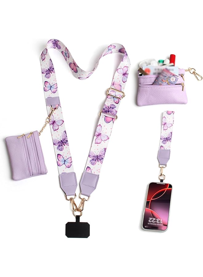 Green Tiger Clip and Go Strap for Phone with Wallet Crossbody, Phone Strap with Zippered Wallet, Adjustable Anti Theft Cellphone Lanyard for Women, Cellphone Chain Accessories (Purple Butterfly) - Image 1