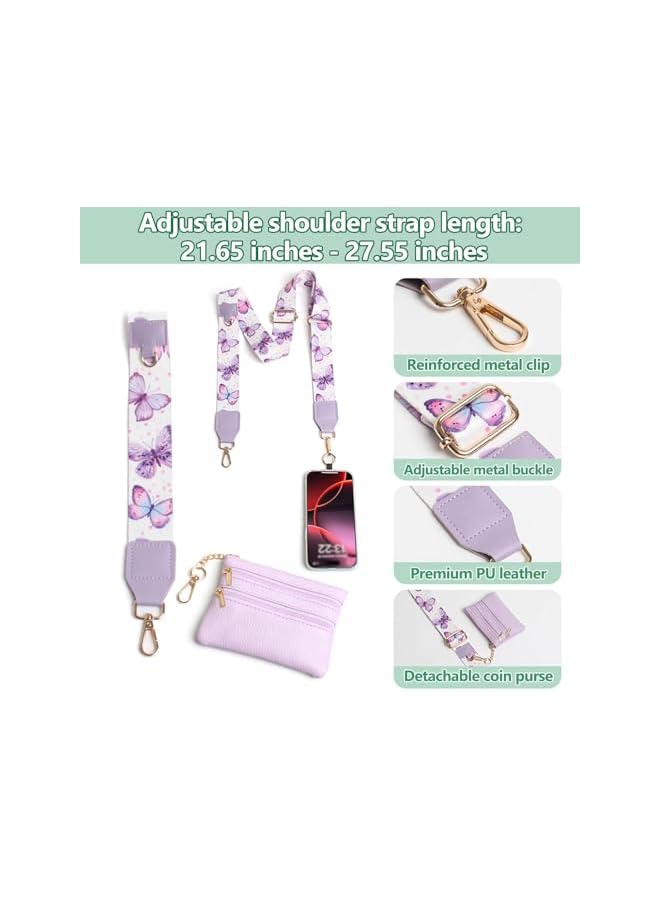 Green Tiger Clip and Go Strap for Phone with Wallet Crossbody, Phone Strap with Zippered Wallet, Adjustable Anti Theft Cellphone Lanyard for Women, Cellphone Chain Accessories (Purple Butterfly) - Image 2