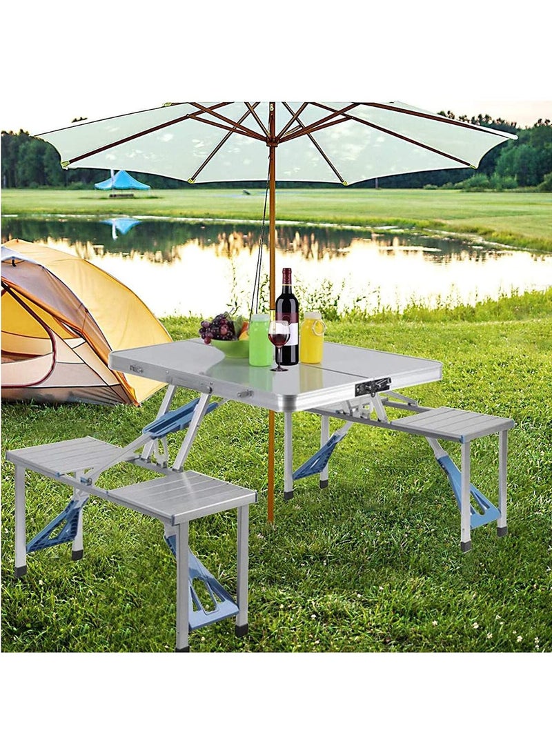 DubaiGallery Folding Camping Picnic Table with 4 Seats with Garden Umbrella Hole Portable Table Aluminum Alloy Frame with Soft Handle Suitable for Barbecue Travel Outing - Image 5