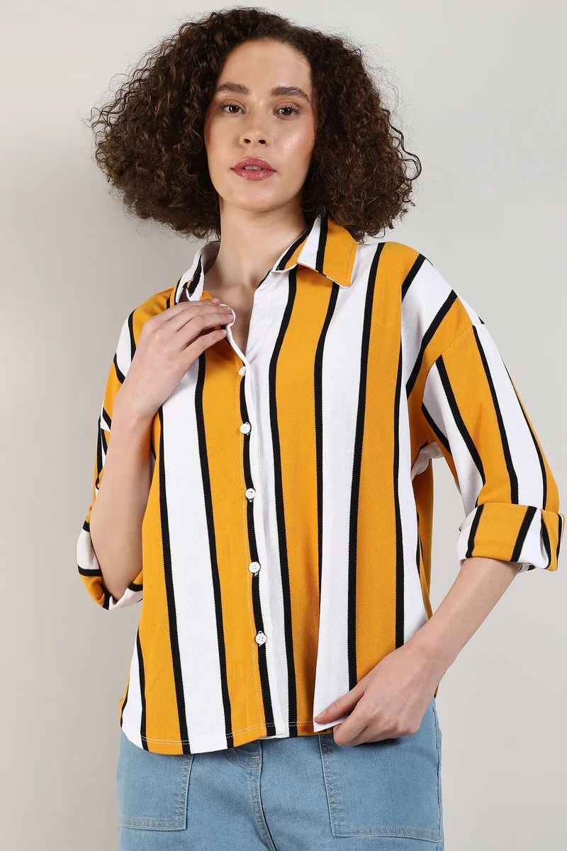 Women's Mustard Yellow & Chalk White Striped Boxy Shirt