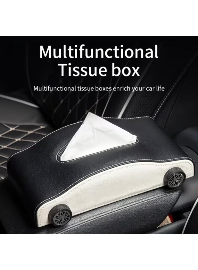 ATRJSZ Car-Shaped Tissue Box Holder, PU Leather Tissue Case with Anti-Slip Base, Auto Interior Organizer Napkin Holder, Luxury Car Accessories for Dashboard (Black and beige) - Image 2