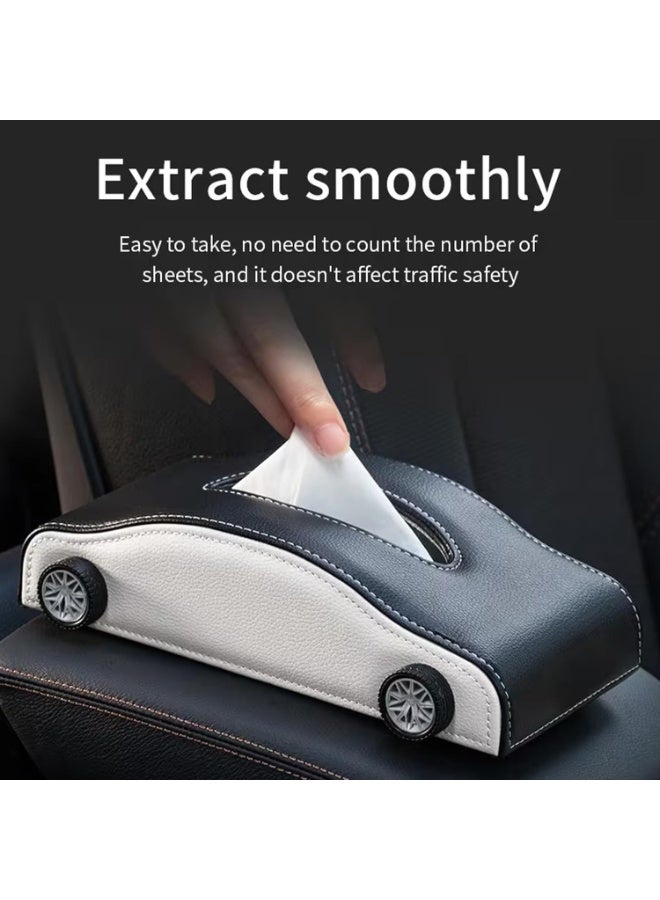 ATRJSZ Car-Shaped Tissue Box Holder, PU Leather Tissue Case with Anti-Slip Base, Auto Interior Organizer Napkin Holder, Luxury Car Accessories for Dashboard (Black and beige) - Image 3