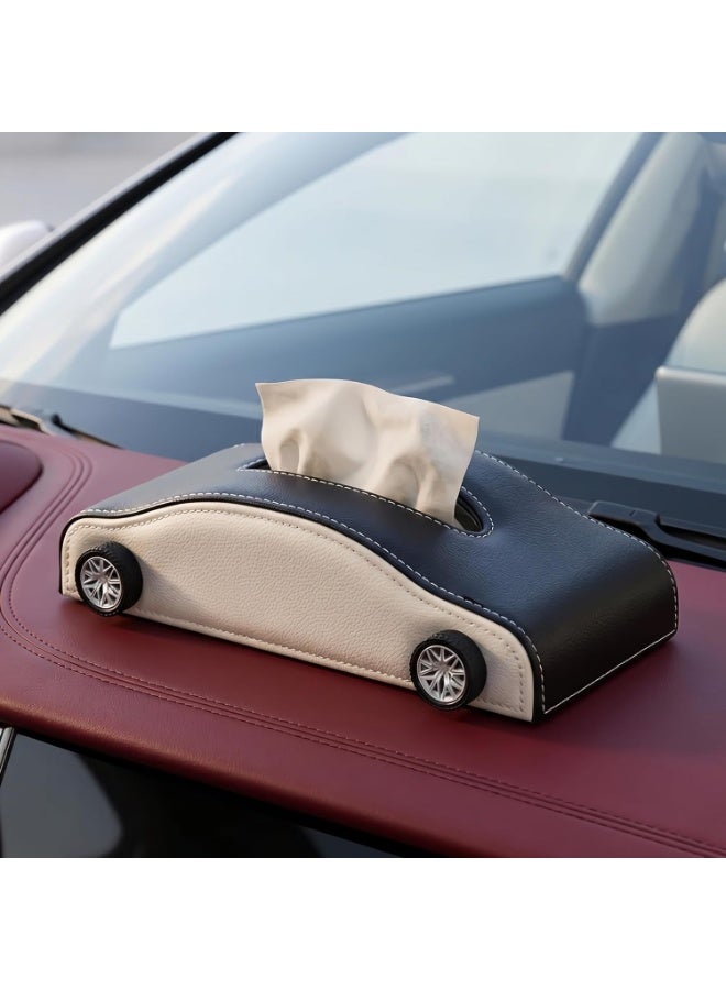 ATRJSZ Car-Shaped Tissue Box Holder, PU Leather Tissue Case with Anti-Slip Base, Auto Interior Organizer Napkin Holder, Luxury Car Accessories for Dashboard (Black and beige) - Image 1