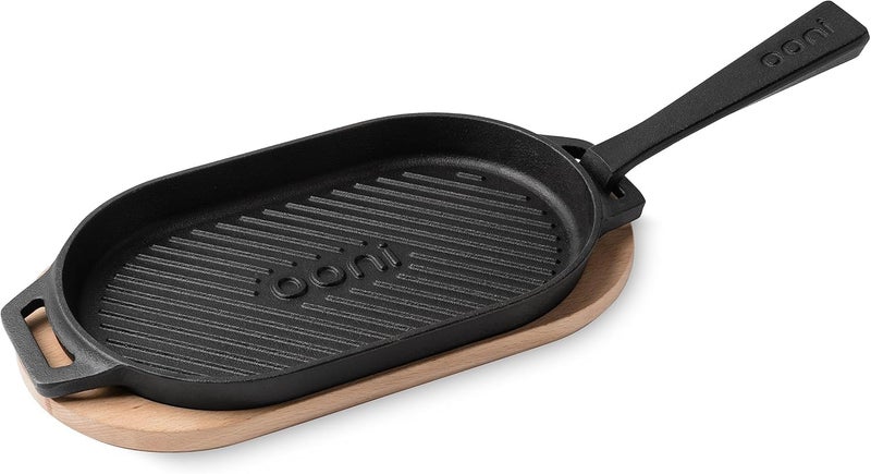 Ooni Cast Iron Grizzler Pan - Grill Frying Pan, 12" x 6" Griddle Plate with Removable Handle and Bamboo Trivet, Pre-Seasoned Non-Stick Oven Safe Cookware, Pizza Oven and BBQ Accessories - Image 1