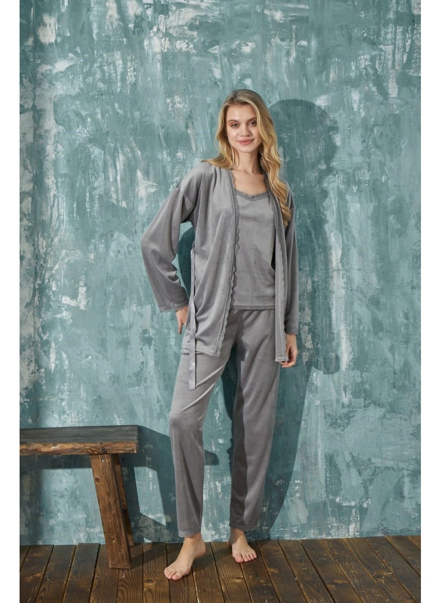 Bie's Women's Rope Strap Thin Lace Detailed Dressing Gown Winter Velvet 3-Piece Pajama Set-Dowry Set  - Image 3