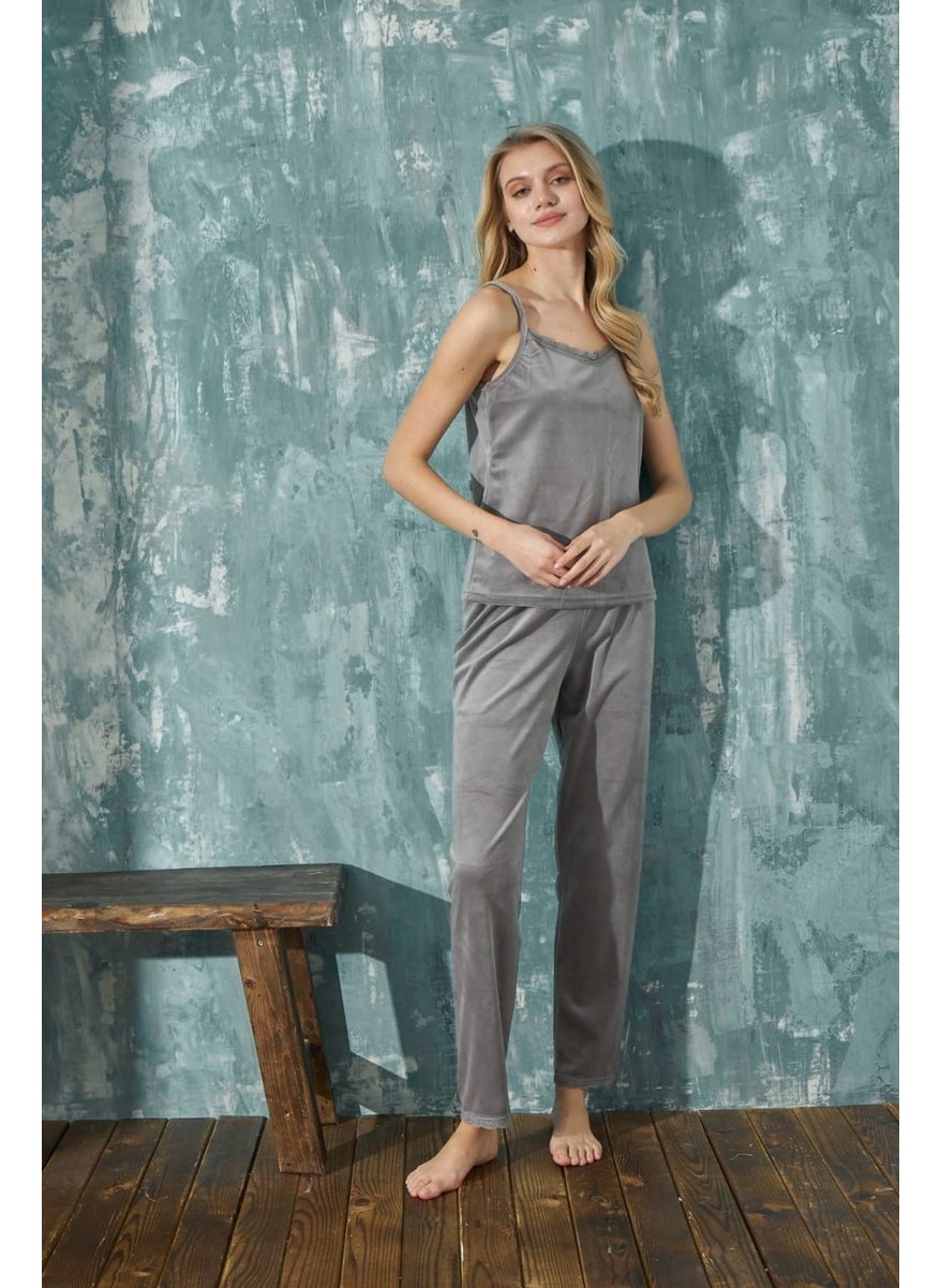 Bie's Women's Rope Strap Thin Lace Detailed Dressing Gown Winter Velvet 3-Piece Pajama Set-Dowry Set  - Image 4