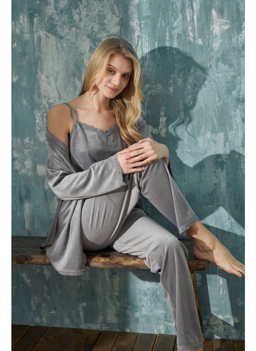 Bie's Women's Rope Strap Thin Lace Detailed Dressing Gown Winter Velvet 3-Piece Pajama Set-Dowry Set  - Image 1