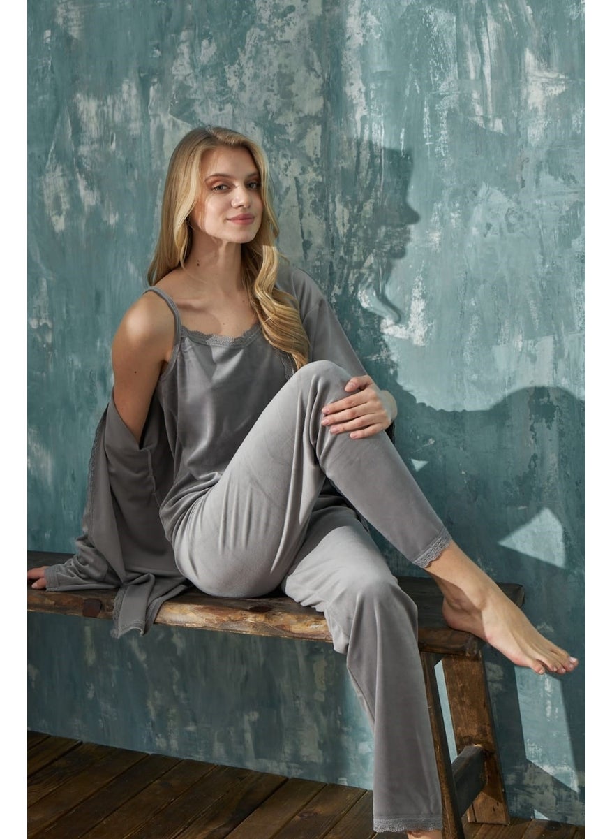 Bie's Women's Rope Strap Thin Lace Detailed Dressing Gown Winter Velvet 3-Piece Pajama Set-Dowry Set  - Image 5