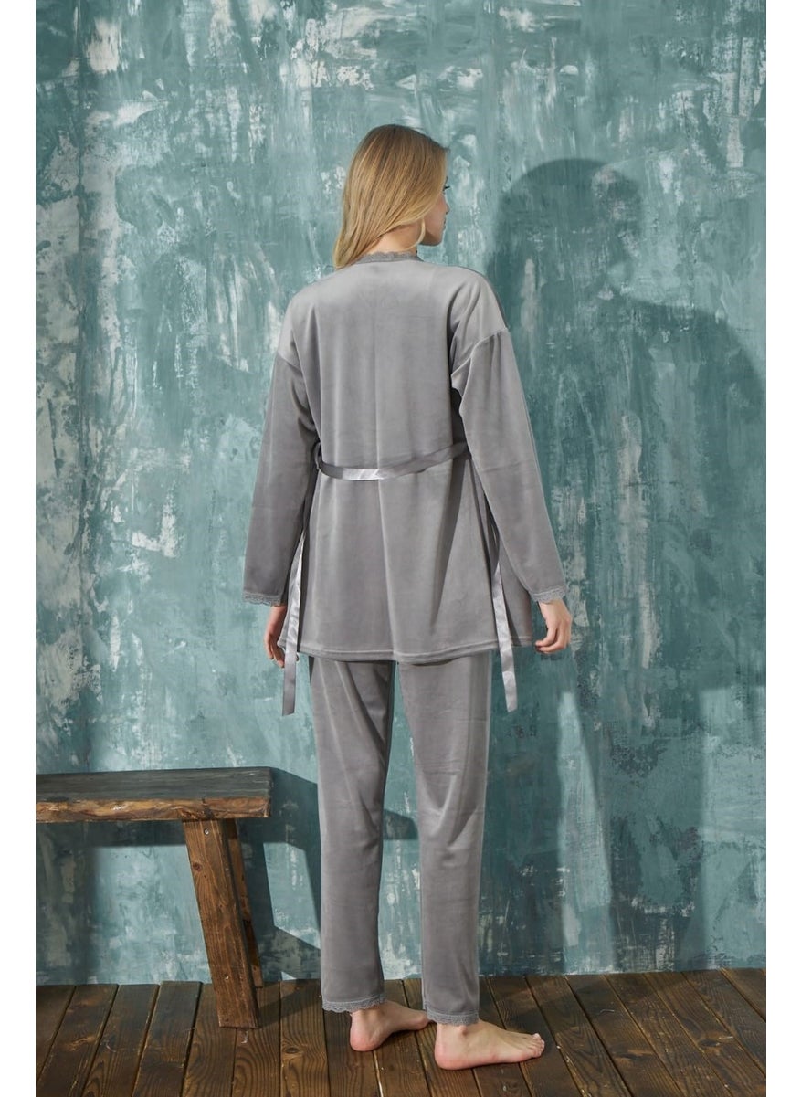 Bie's Women's Rope Strap Thin Lace Detailed Dressing Gown Winter Velvet 3-Piece Pajama Set-Dowry Set  - Image 2