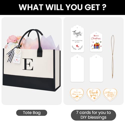 BAGAIL Initial Tote Bag, Personalized Birthday Gifts for Women, Teacher, Friends, Mom, Wedding, Monogrammed Beach Bag(Ivory-1pcs, E) - Image 2