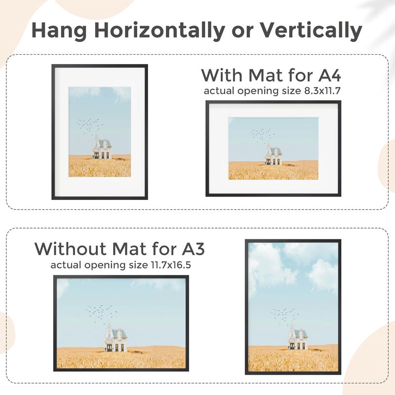 FLYJOE A3 Picture Frame Black - High-End Metal 11.7 x 16.5 Frame for Wall, Poster Frame, A3 Photo Frame with Mat A4, Aluminum Frame and Real Glass, Wall Kit, Black - Image 4