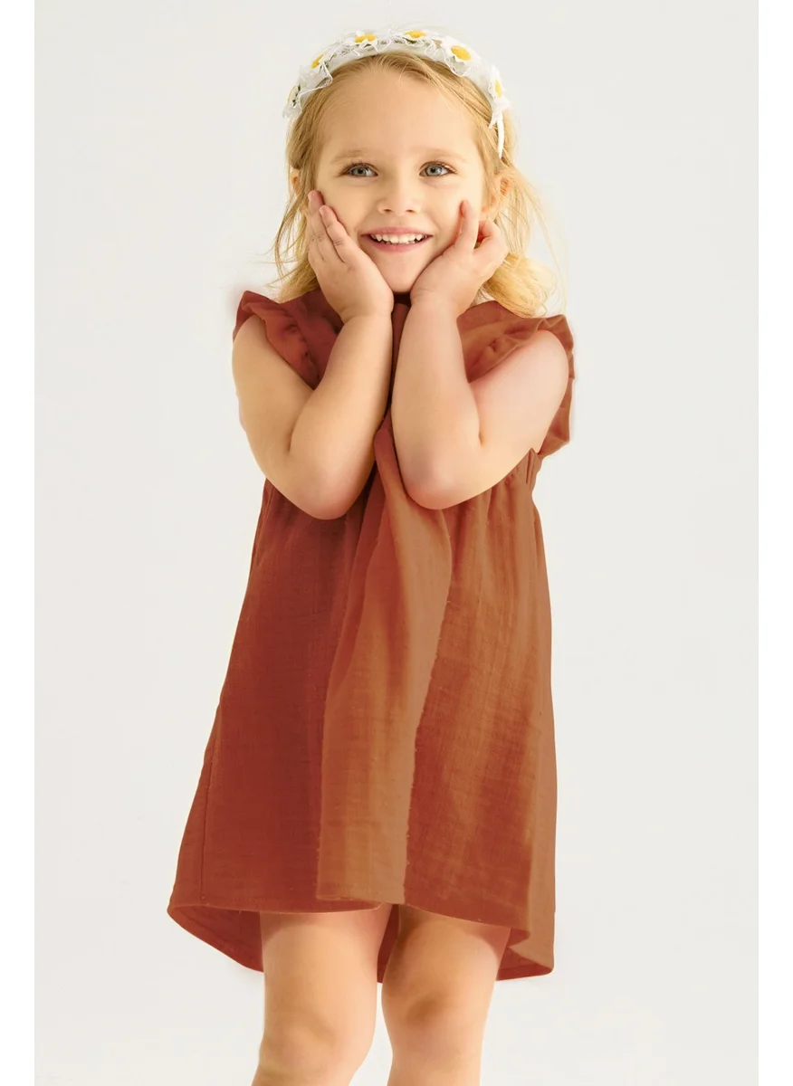 Zepkids Girls Brown Colored Pleated Dress with Ruffled Shoulders
